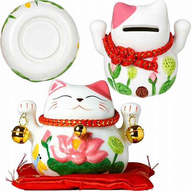 Otevírací pokladnička Figurka Japonská Kočka Štěstí Maneki Neko Zvonky 10 cm
