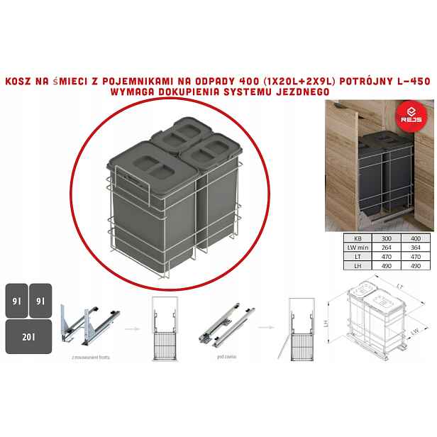 Rejs Odpadkový koš s nádobami na odpadky 400 (1x20L+2x9L) dvojitý
