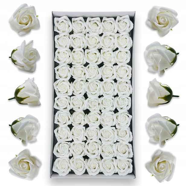 Bílé mýdlové růže 50 ks Mýdlové květy do flowerboxů Květiny z mýdla
