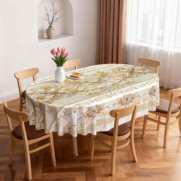 TEMU Elegantní bílý a zlatý květinový ubrus v 2D , ve vintage luxusním stylu, vyrobený z polyesteru, vhodný do domácích kuchyní a venkovních zahrad,
