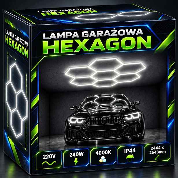 Led lampa Hexagon 240W 4000K Stropní garáž Dílna Detailing 244x255cm