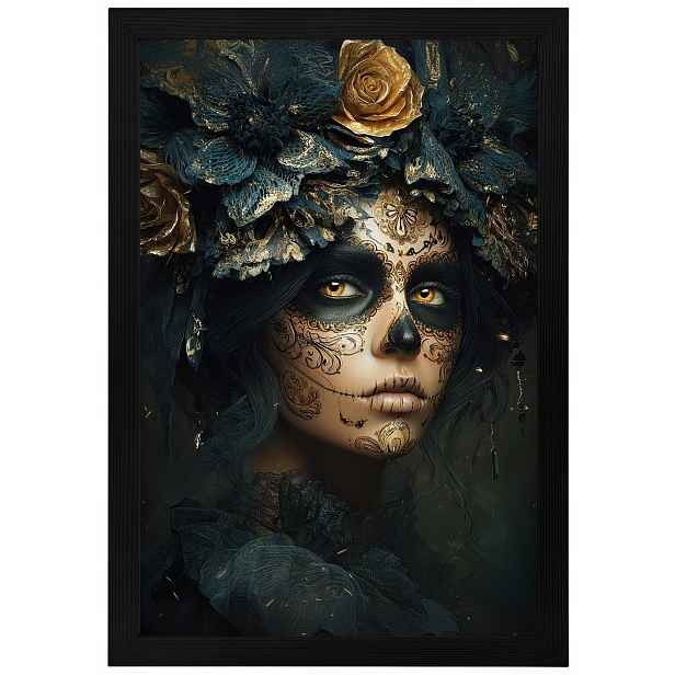 Plakát Rámeček Dřevo Dia De Los Muertos Catrina Zlaté Růže Art 40x60
