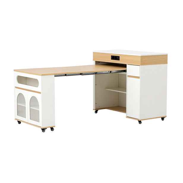 Redom KUCHYŇSKÝ ostrůvek 50,5–187,5/110,5/95,5 cm s výsuvnou jídelní deskou, zásuvkami a úložným prostorem, Bílá/Přírodní