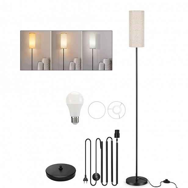 Stojací Lampa Podlahová Lampa S Žárovkou E27 Noční Lampa Lněné Stínidlo