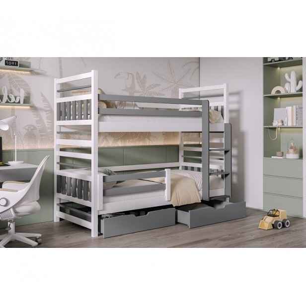 Dětská patrová postel s úložným prostorem 80x180 SEGNORA - bílá / šedá, pravé provedení