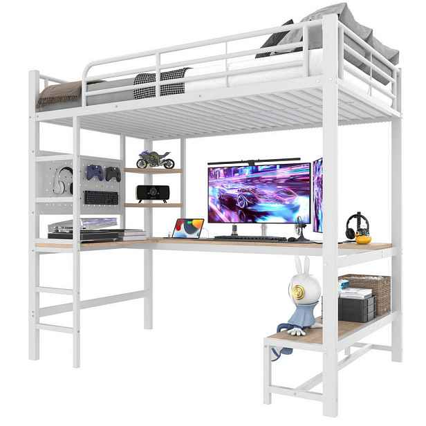 Modenvie VYSOKÁ postel 90/200 cm z kovu a MDF bílá, s psacím stolem, LED a USB-C