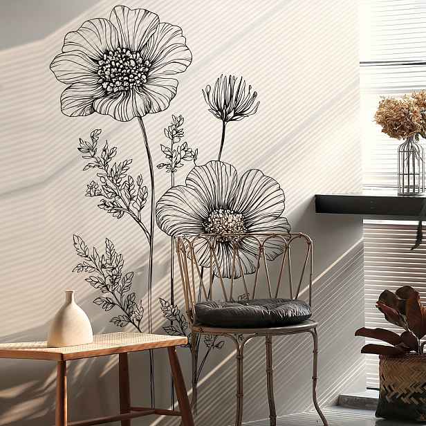 TEMU Velké 2D ploché květinové nálepky na zeď, samolepicí PVC nálepky pro dekoraci obývacího pokoje a ložnice, moderní černobílý květinový design,