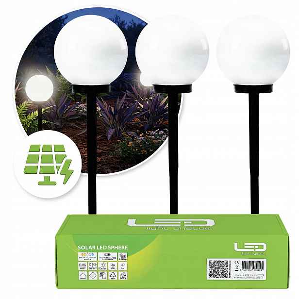 3x solární zahradní lampa Led Bílá Koule Zapichovací 20 cm