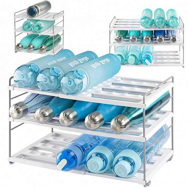 Organizér na lahve do skříňky, rozkládací regál na bidon, bílý, 3 úrovně.