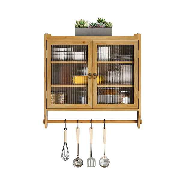 EVRYAE NÁSTĚNNÝ REGÁL se dvěma prosklenými dvířky třemi policemi a držákem na ručníky vintage design 63 cm