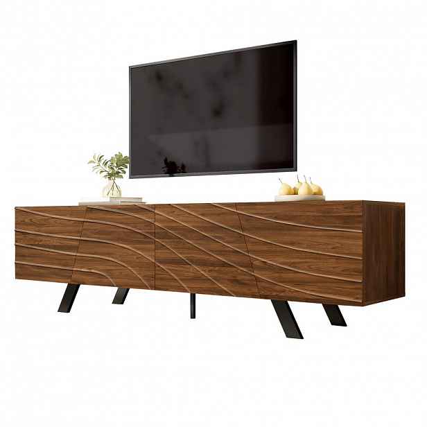 Modfu TV stolek z MDF 160x39x50,5 cm v ořechovém dekoru s vedením kabelů a úložným prostorem, s vlnitou čelní plochou