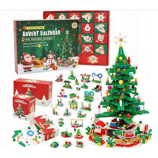 Adventní Kalendář 24 Okének, Stavební Kostky, Vánoční Stromeček