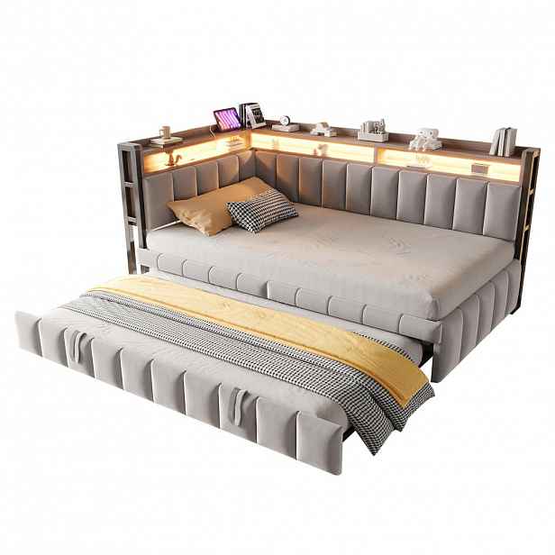 FLIEKS ČALOUNĚNÁ POSTEL, 90×200 cm, sametová, LED, USB, šedá