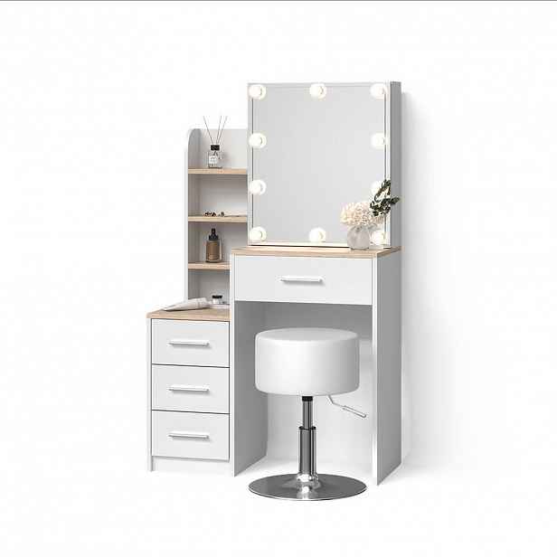 Livinity® TOALETNÍ STOLEK Loreta Bílá/Sonoma s LED osvětlením a taburetem