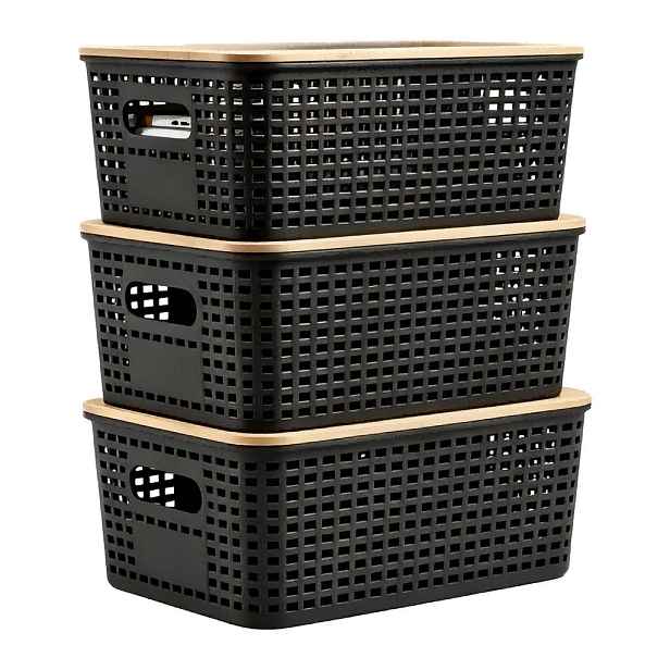 Relaxdays ÚLOŽNÉ BOXY Černá 3dílná-sada bambusové-víko