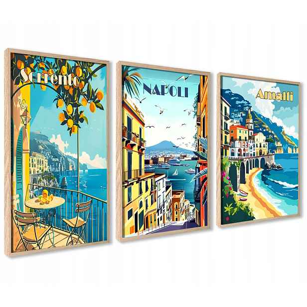 Plakáty Italské cestování Amalfi Neapol Sorrento Retro Obrazy na zeď