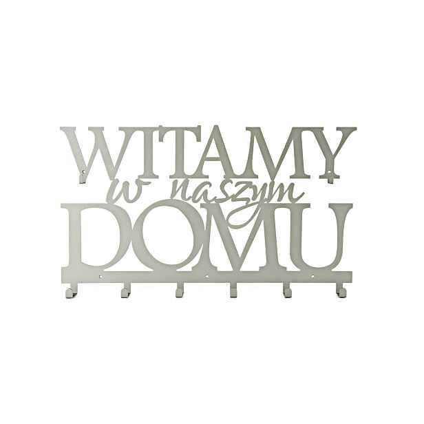 Nástěnný kovový věšák do předsíně Vítejte v našem domě, oblečení, klíče