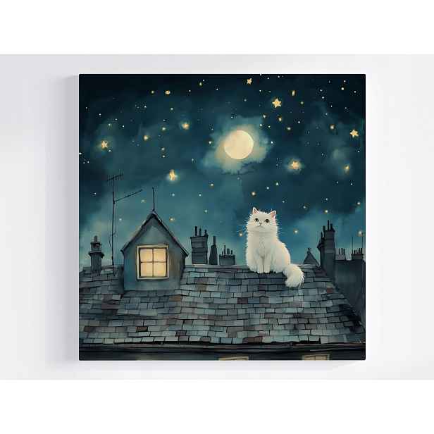 Obraz Na Plátně Canvas Bílá Kočka Střecha Noc Měsíc Hvězdy Pohádka 50x50