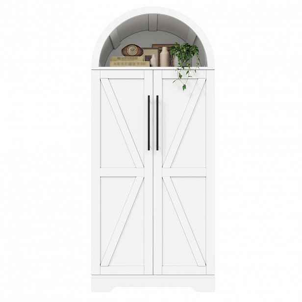 Urban Meuble HIGHBOARD oblouková skříň bílá 165x70x40 cm s policemi ve dvířkách a otevřenou přihrádkou venkovský styl