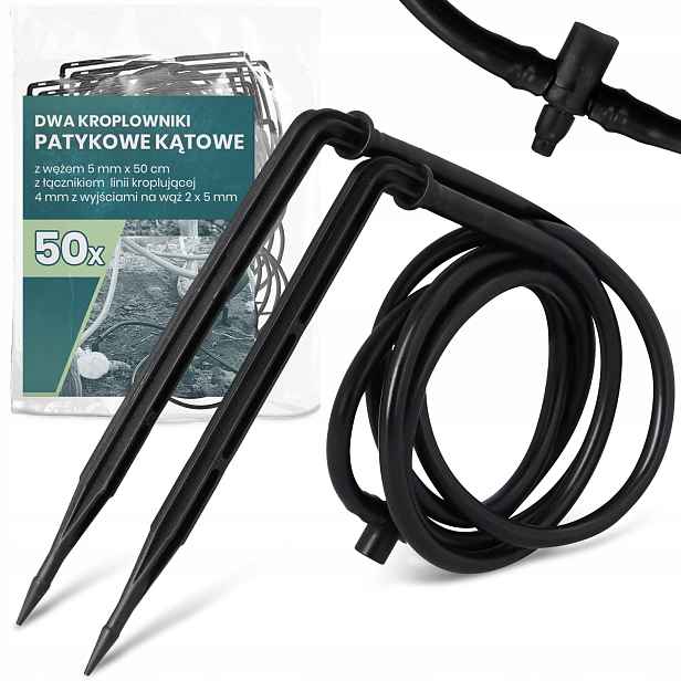 50 x Kapač Emiter 5 mm 50 cm Dvojitý úhlový spojovač Pro Zavlažování Ys-t