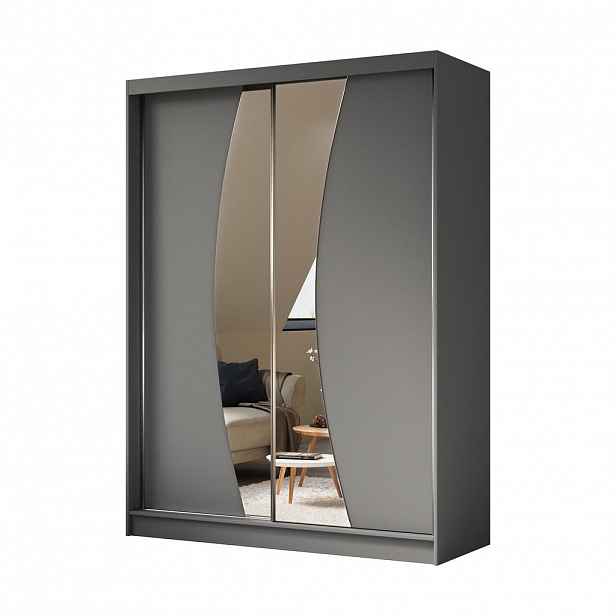 ALTDECOR ŠATNÍ SKŘÍŇ s posuvnými zrcadlovými dveřmi a hliníkovými lamelami – VOXI – 160 cm, šedá