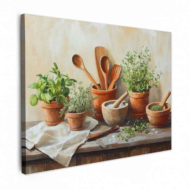 MuchoWow OBRAZ NA PLÁTNĚ Hrnce - Bylinky - Dřevo 40x30 cm