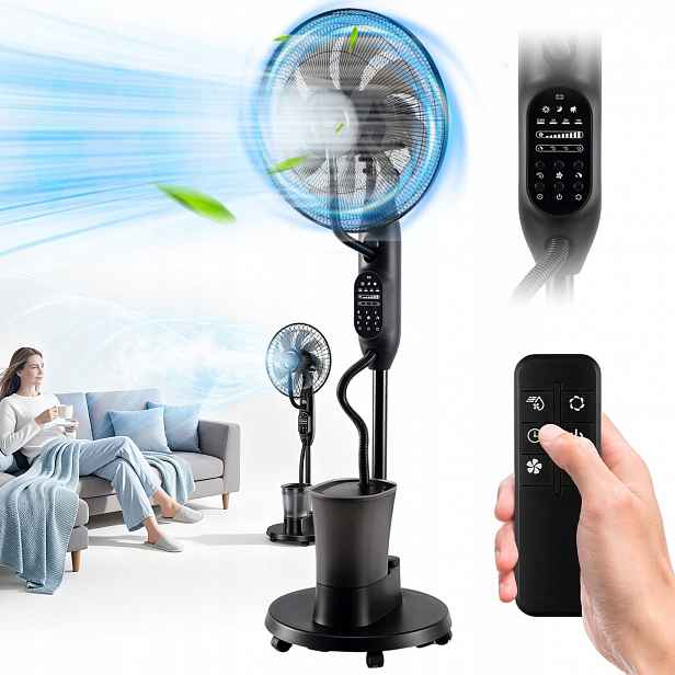 Podlahový Ventilátor S Mlhováním, Vodní Větrák S Funkcí Mlhy 75W Černý