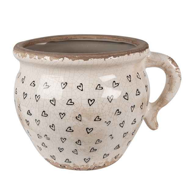 Béžový keramický obal na květináč s uchem a se srdíčky Hearti M - 17*14*12cm Clayre & Eef