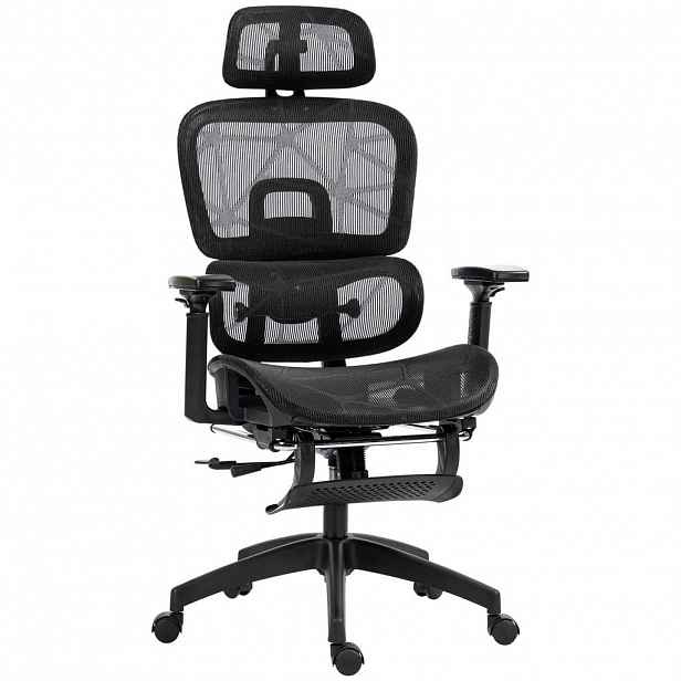 SHOPENTRA OTOČNÁ židle, černá, síťovaná, ergonomická, s područkami a opěrkou nohou