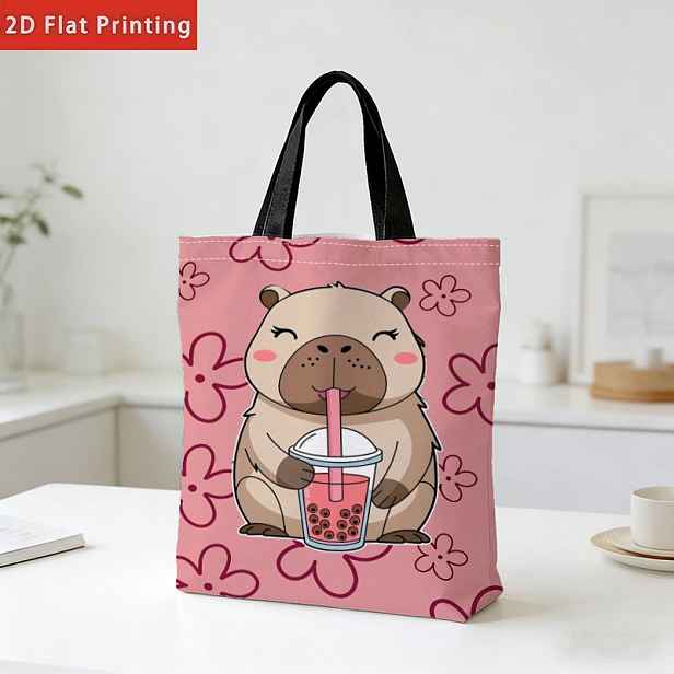 TEMU Nákupní taška s potiskem Capybara pijící boba čaj, víceúčelová, velkokapacitní, vhodná pro každodenní skladování, nákupy v supermarketu,
