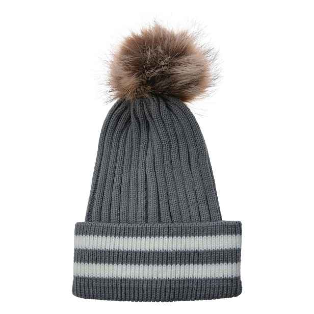 Šedá čepice s pruhy a hnědou bambulí - 20 cm Clayre & Eef