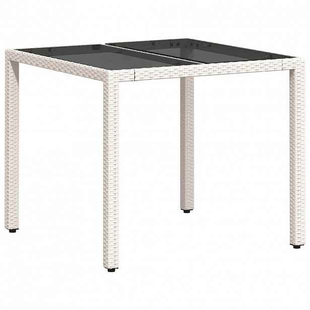 vidaXL Zahradní stůl se skleněnou deskou bílý 90x90x75 cm polyratan