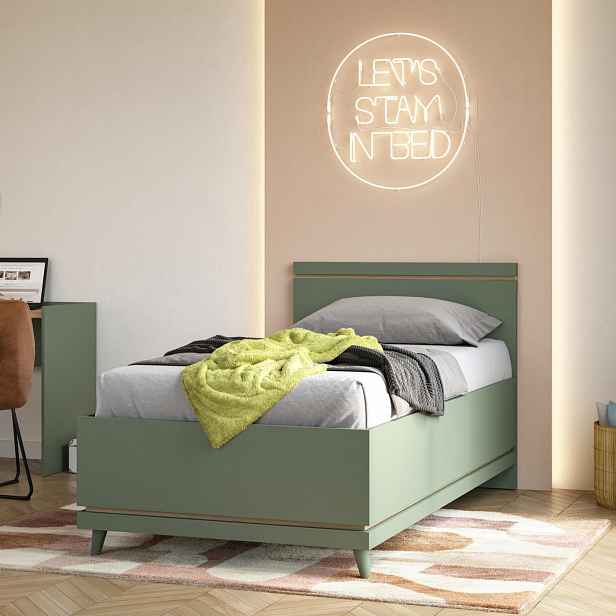 Jednolůžková postel 100x200 ARWEN s úložným prostorem - zelená / dub