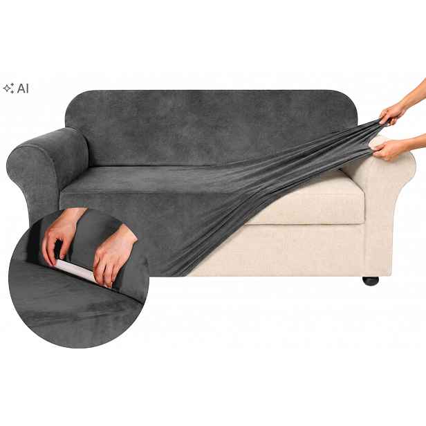 Potah Na Pohovku Rohová Pohovka Šedý Velur Pro 4 Osoby 235-300 CM Univerzální