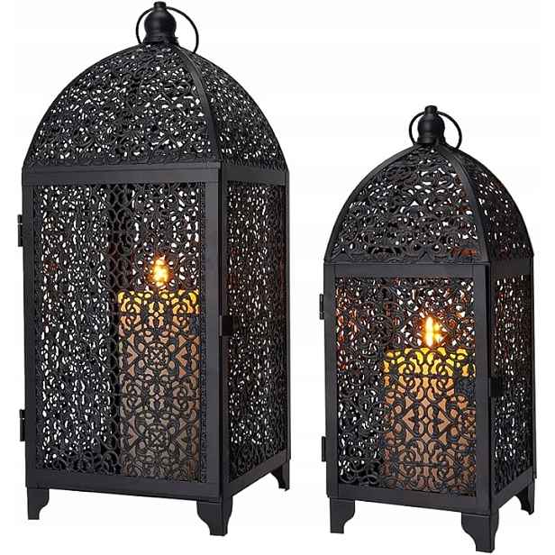 Sada 2 lampionů na zavěšení, černá vintage lucerna, kovová lucerna