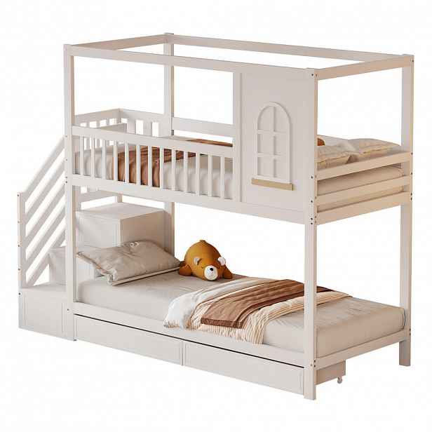 STILVORA PALANDA 90/200 cm & 90/200 cm, bílá, se zásuvkami a žebříkem, domečkový design