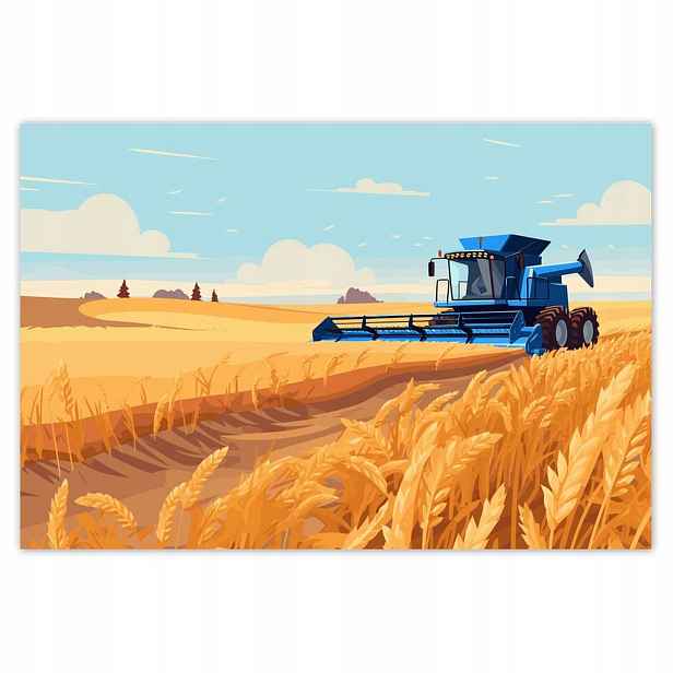 Plakáty 200x135 Modrý kombajn v poli na sklizni