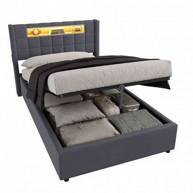OKWISH ČALOUNĚNÁ postel 90/200 cm tmavě šedá ze sametu s hydraulickým úložným prostorem, LED osvětlením a nabíjecími konektory