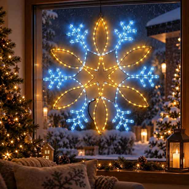 Hvězda Sněhová Vločka 80 cm velká, oboustranná Led vánoční dekorace do okna