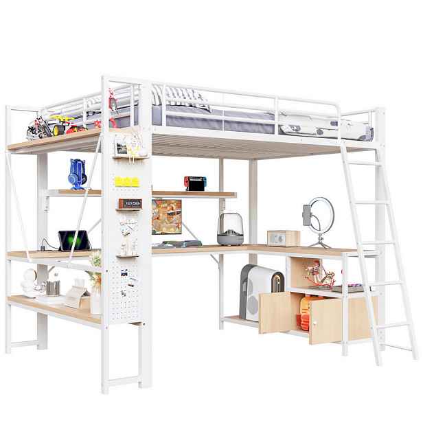Modenvie VYSOKÁ postel 140/200 cm z kovu a MDF v bílé barvě s LED osvětlením a psacím stolem