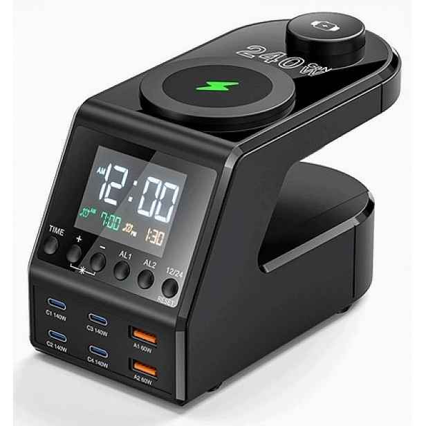 Nabíjecí stanice s budíkem 240W 6xUSB Usb-a Usb-c Budík Hodiny Qi