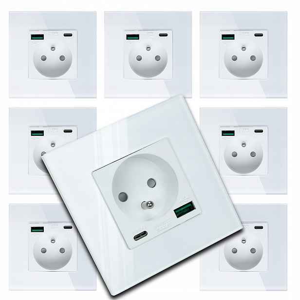 8x Skleněná Bílá Elektrická Zásuvka Kontakt Nástěnná Usb Nabíječka