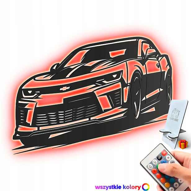 Dřevěný 3D obraz Chevrolet Camaro Nástěnný Dárek Noční Lampa Led XL