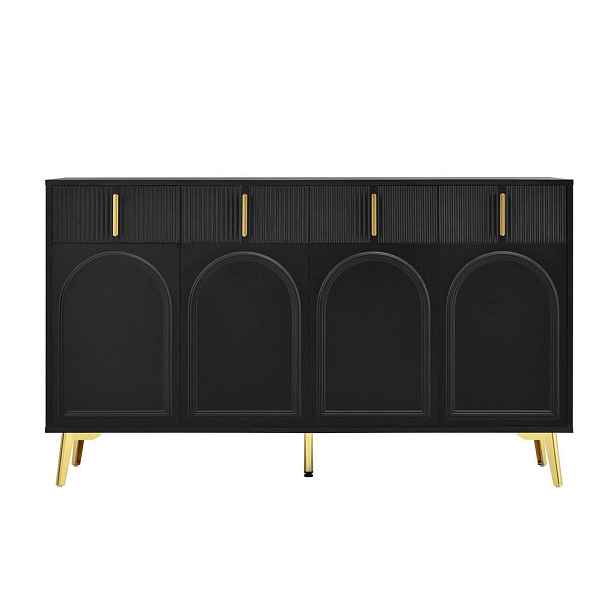 Redom SIDEBOARD 140/38/82 cm s 4 dvířky a 4 zásuvkami, nastavitelnými policemi a zlatými úchyty, Černá