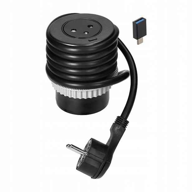 Nábytková zásuvka Ø6 cm 1,5 m. 1x2P+Z EasyEject, 1xUSB Qc 3.0, černá