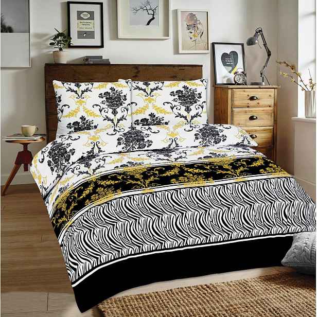 Povlečení flanelové 140x200 kytice zebra bílá žlutá černá