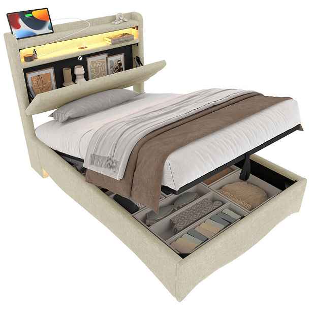 STILVORA ČALOUNĚNÁ POSTEL 90 × 200 cm, béžová, lněná, úložný prostor, LED, USB a Type-C