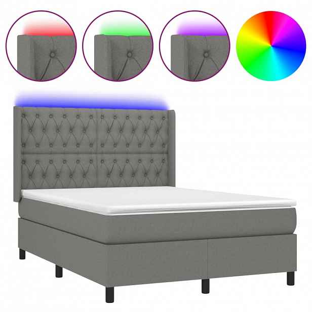 vidaXL Box spring postel s matrací a LED tmavě šedá 140x200 cm textil