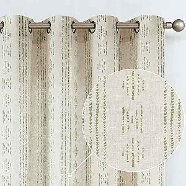 Záclony Boho Zeleno-béžové Rustikální Lněné Pásky Poloprůhledné140x210