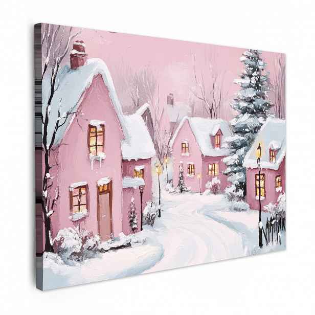MuchoWow OBRAZ NA PLÁTNĚ Vánoční vesnice - Růžová - Zima - Sníh - Domy 40x30 cm